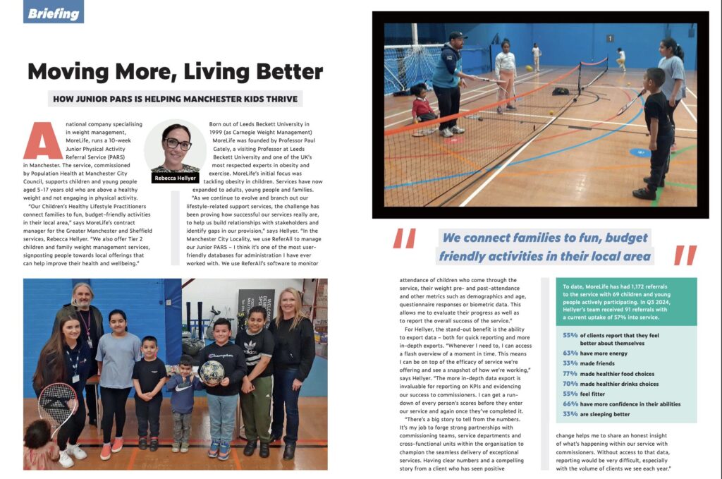 A magazine article titled 'Moving More, Living Better' detailing the success of MoreLife's Junior Physical Activity Referral Service in Manchester.