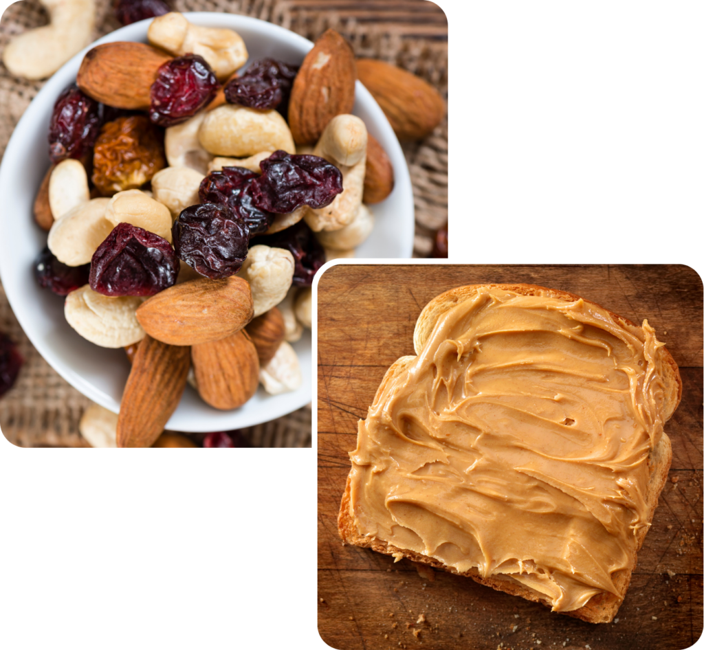 a bowl of mixed nuts with a picture of wholemeal toast with peanut butter on it