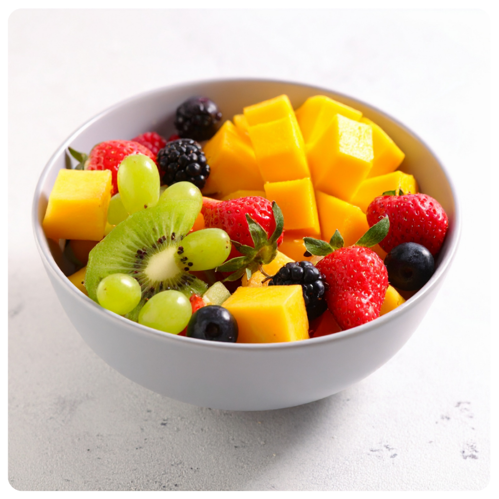a mixed fruit bowl of kiwi, grapes, mango, strawberries, blueberries and blackberries