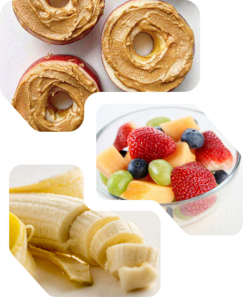 a picture of peanut butter on apple slices, a bowl of mixed fruit and sliced banana