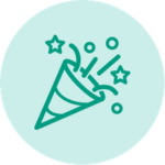 Teal party popper with stars and confetti on a light green circular background, symbolizing celebration or success.