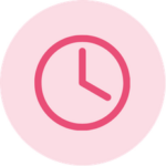 Pink clock with simple hands on a light pink circular background, representing time, schedule, or duration.