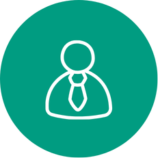 White outline icon of a businessperson wearing a tie inside a solid teal circular background.