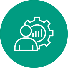 White outline icon of a person beside a gear containing bar charts in teal circle.