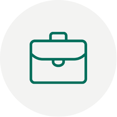 Green outline of a classic professional briefcase shown on a light grey circular background.