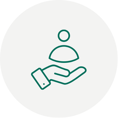 Green outline of an open hand supporting a simplified person icon on grey background.