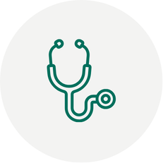 Green outline of a medical stethoscope shown on a light grey circular background icon.