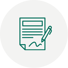 Green outline of a signed contract document with a pen on a light grey background.