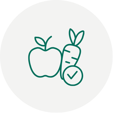 Green outline of an apple and a carrot next to a circular checkmark icon.