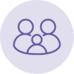 Purple outline of three people on a light lavender circular background, representing family, community, or togetherness.