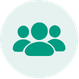 Light teal circle containing a dark teal group icon representing three people.