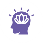 A simple, flat purple-colored icon showing a human head silhouette containing a white lotus flower.