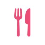 A simple, flat pink-colored icon featuring a fork and a knife placed on white background.