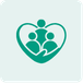Light teal square containing three people silhouettes enclosed inside a heart outline.