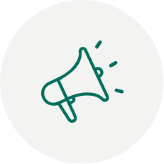 Green outline of a megaphone broadcasting sound waves on a light grey circular background.