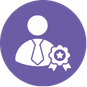 Purple circle containing a white icon of a certified person with award.