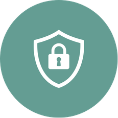 White shield with locked padlock on a dark green circular background, representing security, protection, and privacy.