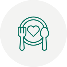 Green outline of a food plate containing a heart, flanked by a fork and spoon.