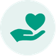 Light teal circle containing a dark teal hand icon holding a heart.