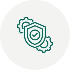 Green outline of a shield containing a checkmark, surrounded by two rotating gear wheels.