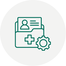 Green outline of a medical record folder with a gear and medical cross symbol.