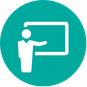 Teal circle containing a white icon of a teacher presenting a lesson.